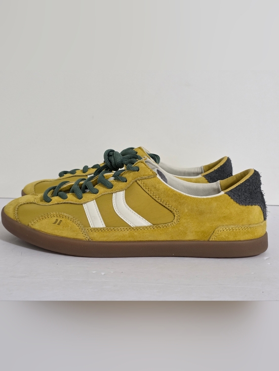 Coolway Shoes - Coolway Mustard Yellow Suede Sneakers with White Stripes and Dark Green Laces